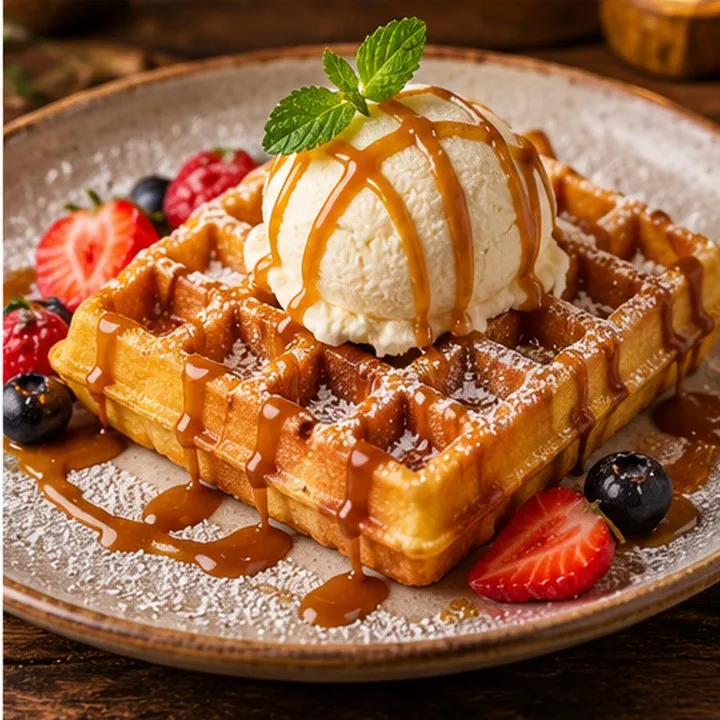 Gaufre belge, glace et sauce caramel