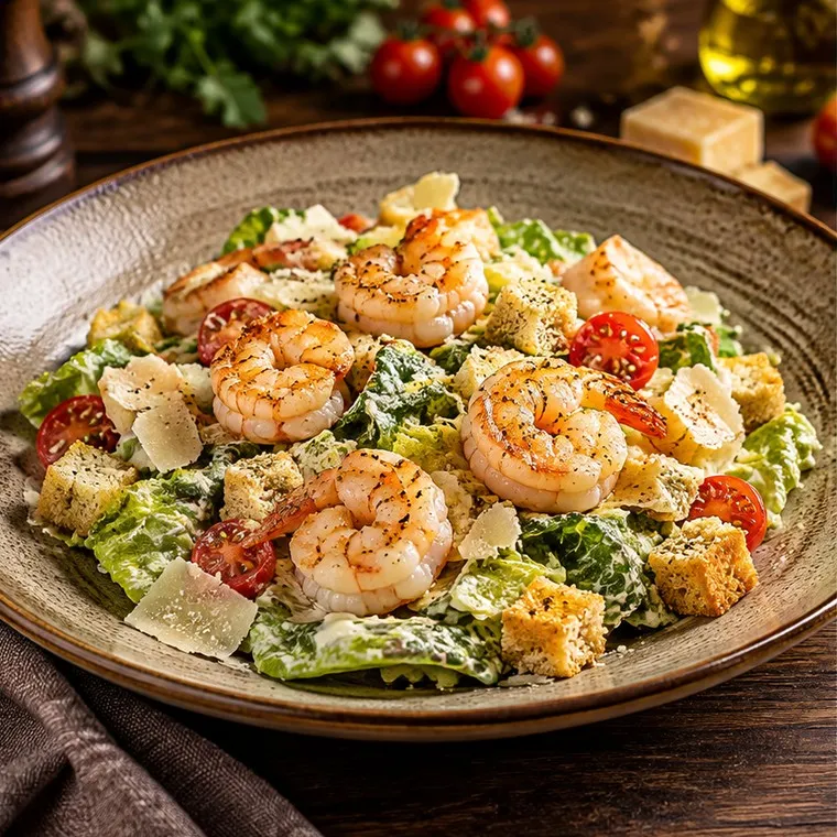 Salade César aux crevettes tigrées décortiquées