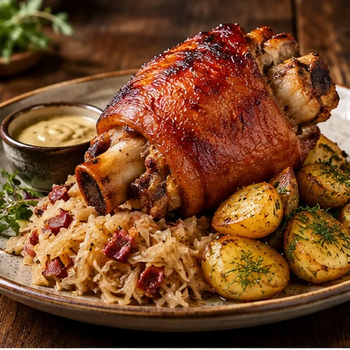 Jarret de porc, pommes de terre rôties et chou braisé