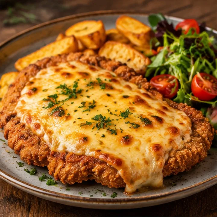 Côte de porc gratinée au fromage et garnitures
