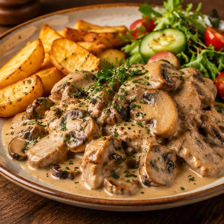 Émincé de porc sauce aux cèpes et garnitures