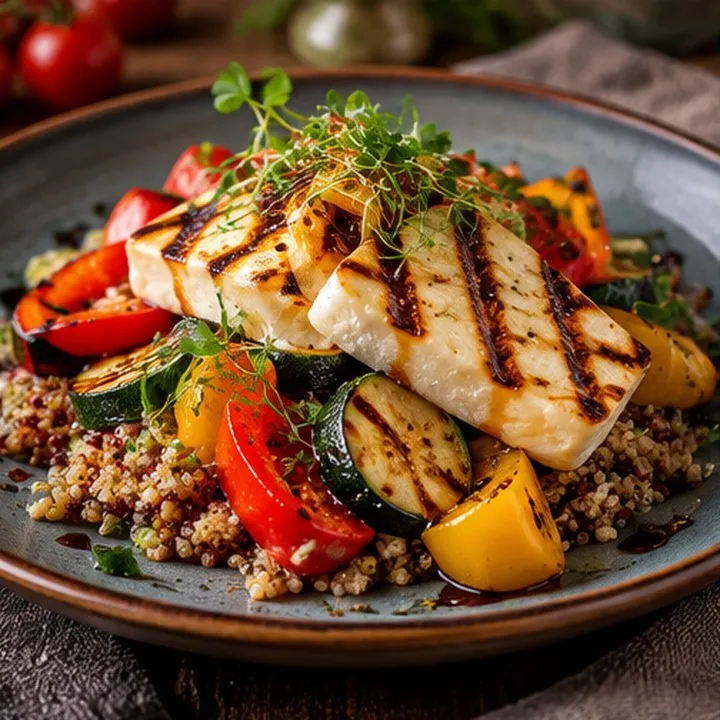 Fromage grillé, quinoa, assortiment de légumes rôtis