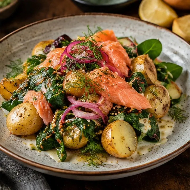 Salade tiède de pommes de terre aux épinards et truite fumée, sauce miel-moutarde