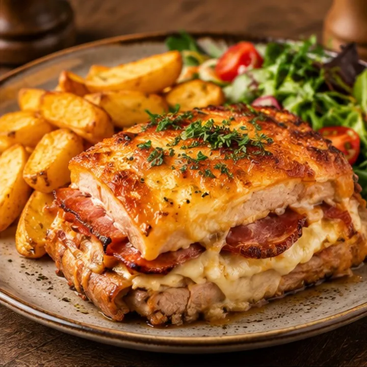 Côte de porc en millefeuille au bacon et au fromage, garnitures