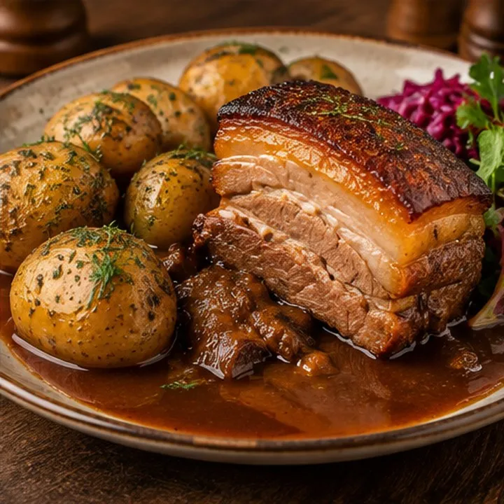 Poitrine de porc cuite lentement, pommes de terre en robe des champs et jus de viande corsé