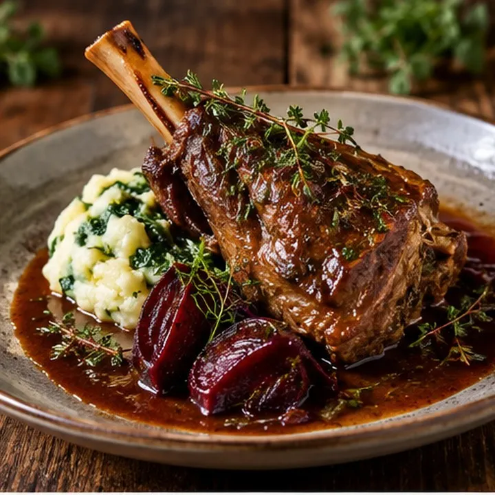 Souris d'agneau cuite lentement, purée de pommes de terre aux épinards, betteraves glacées et jus de viande corsé