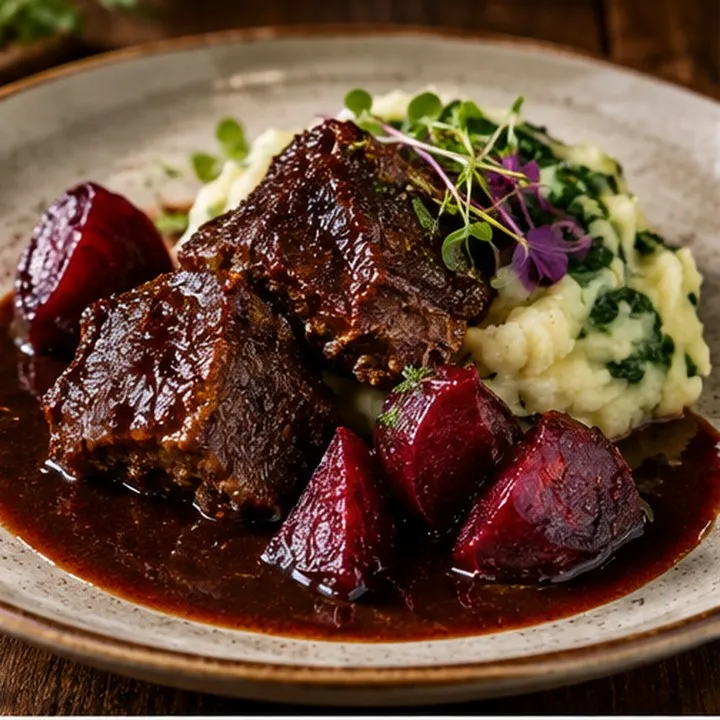 Joues de bœuf au vin rouge, betteraves glacées et purée de pommes de terre aux épinards