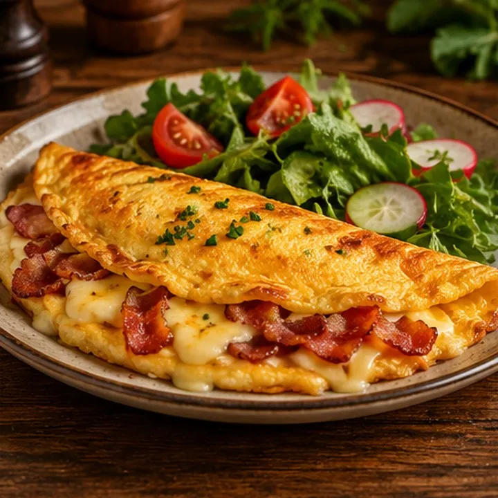 Omelette au bacon, fromage et salade