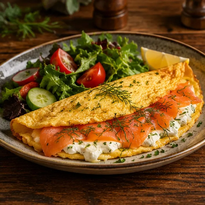 Omelette au saumon et salade