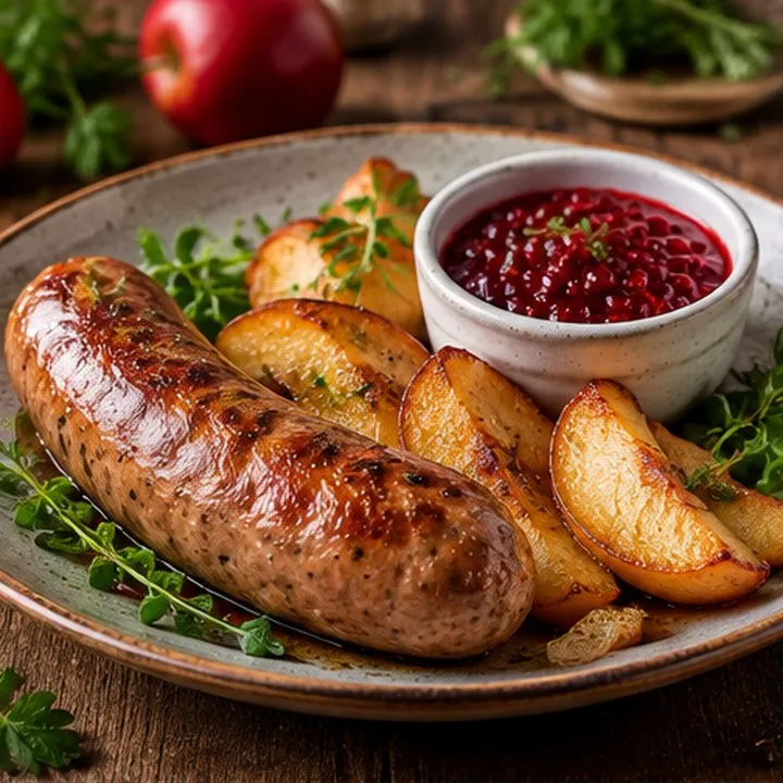 Saucisse aux gruaux, sauce aux airelles et tranches de pomme poêlées