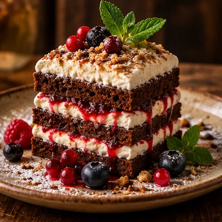 Dessert étagé au pain de seigle noir