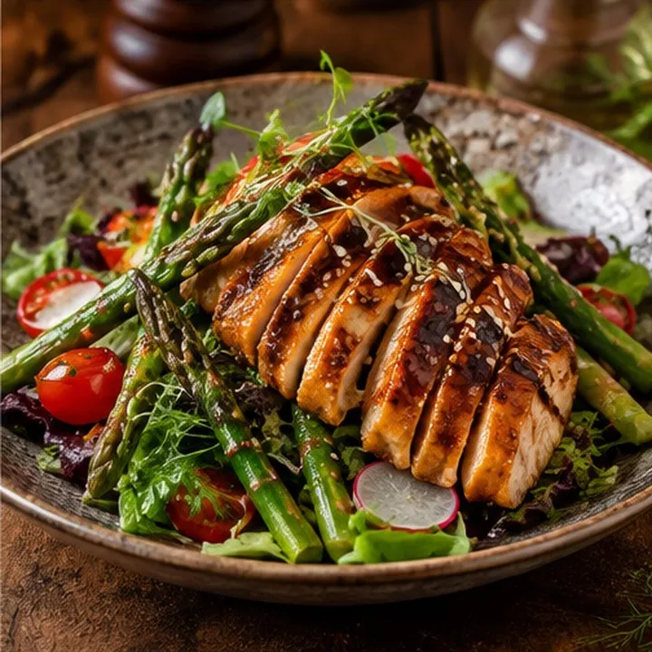Salade aux asperges et poulet glacé teriyaki