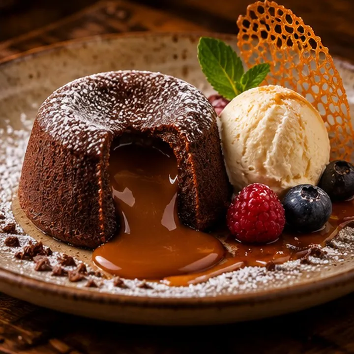 Fondant au chocolat, caramel salé et glace