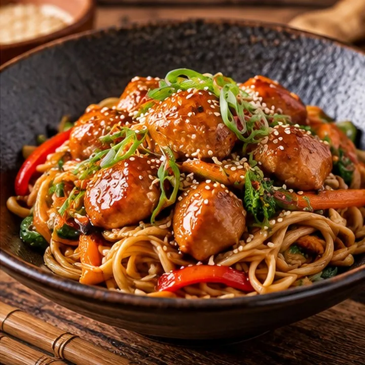 Morceaux de poulet sauce teriyaki et nouilles