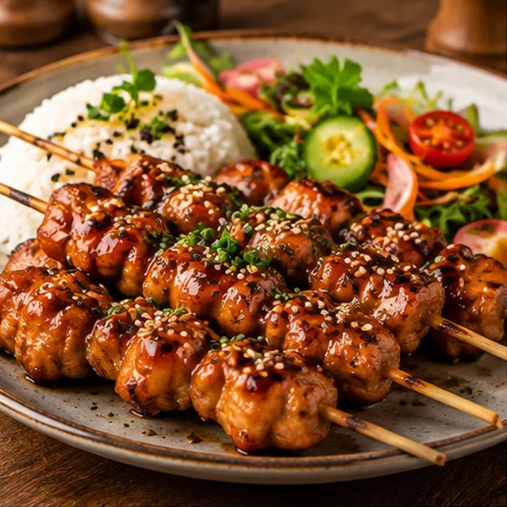 Brochettes de poulet glacées teriyaki et garnitures