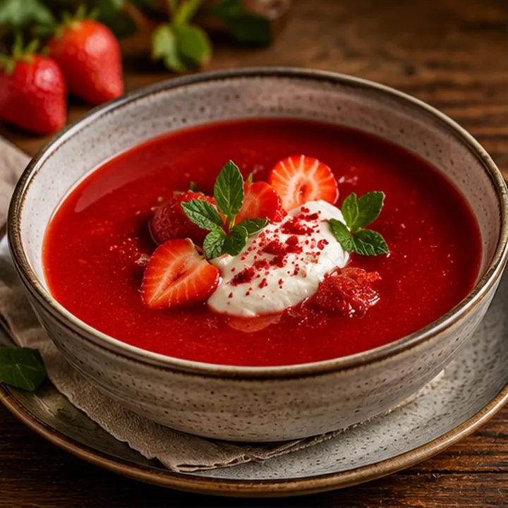 Soupe de fraises, crème de fromage blanc